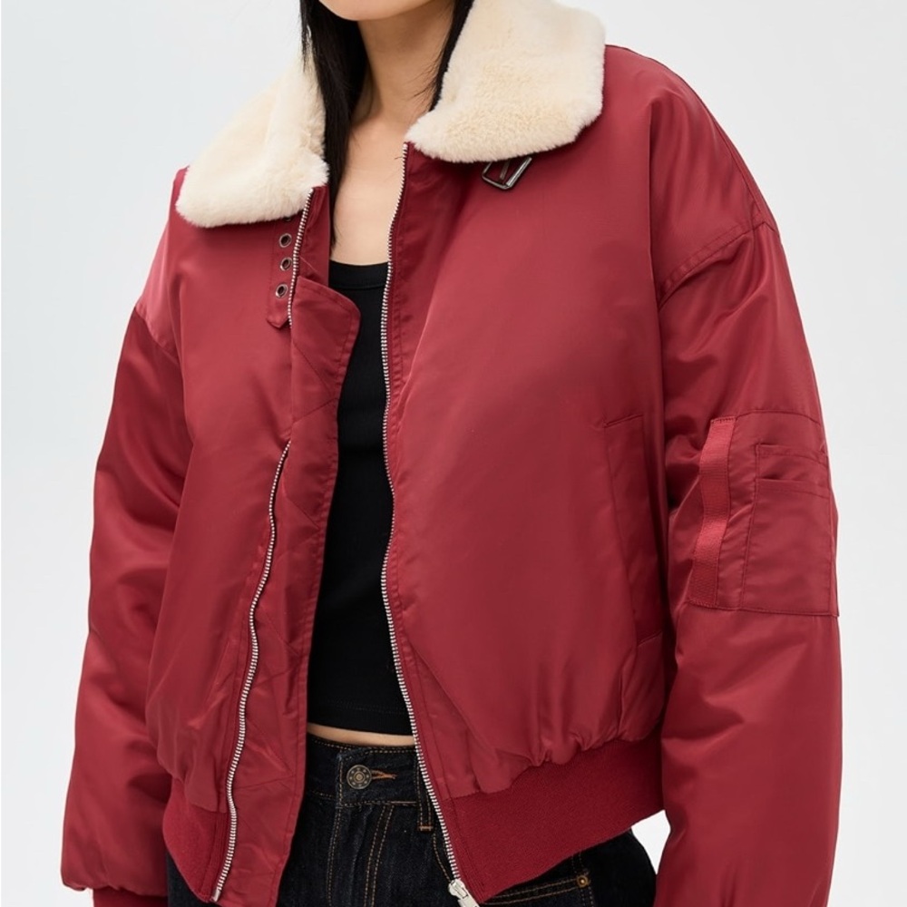 Lioness Women's Red Bomber Jacket with Cream Collar, size Medium. New with tags